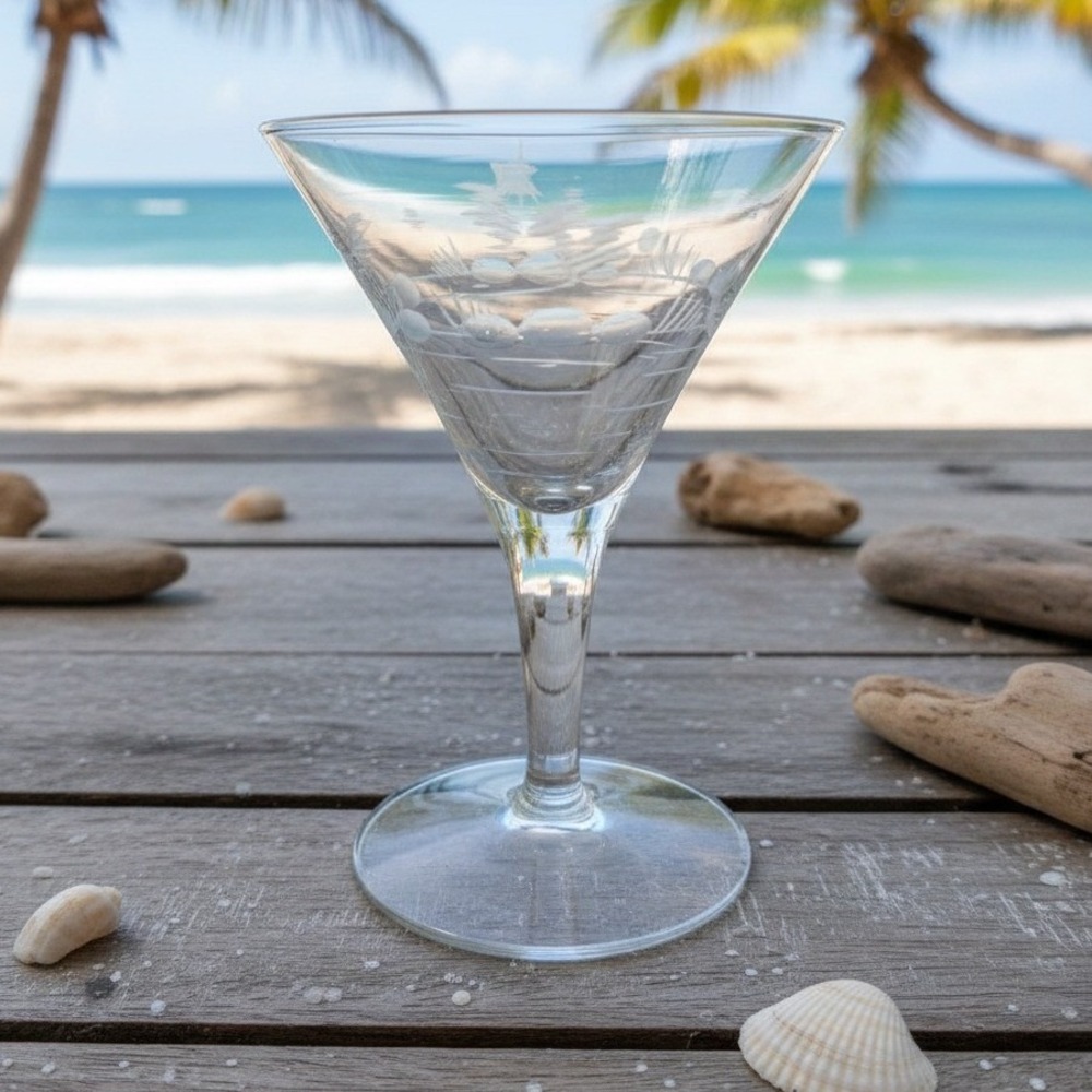 Javit Style Martini Glass, Etched Cocktail Stemware Boat Island Sun Water Design